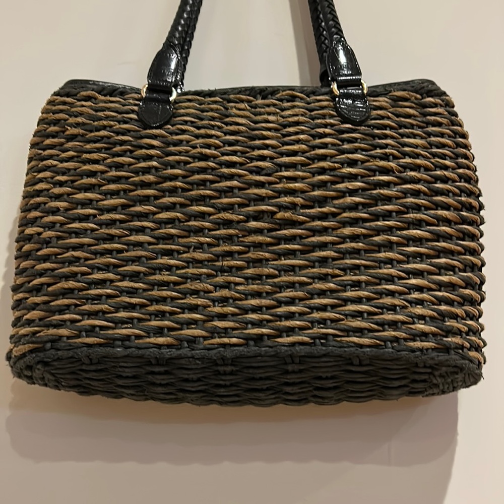 ✨ BRIGHTON ✨ Vintage Raffia Weave Straw Leather Trim Black/Brown Bucket Bag - Picture 11 of 16